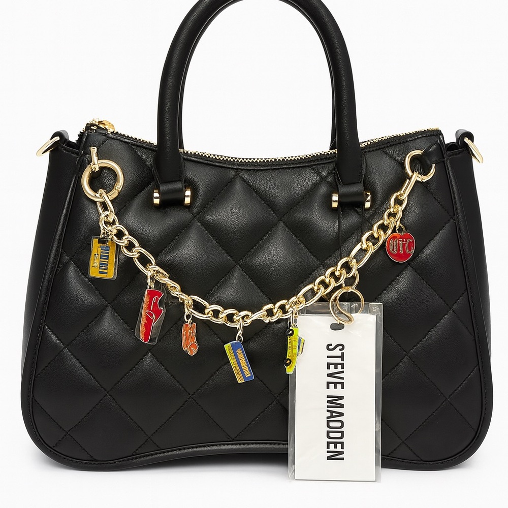 Steve Madden Black Quilted Satchel with Gold Chain